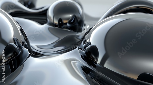 3D rendering of a smooth, reflective, liquid metal surface with a few spherical indents. photo