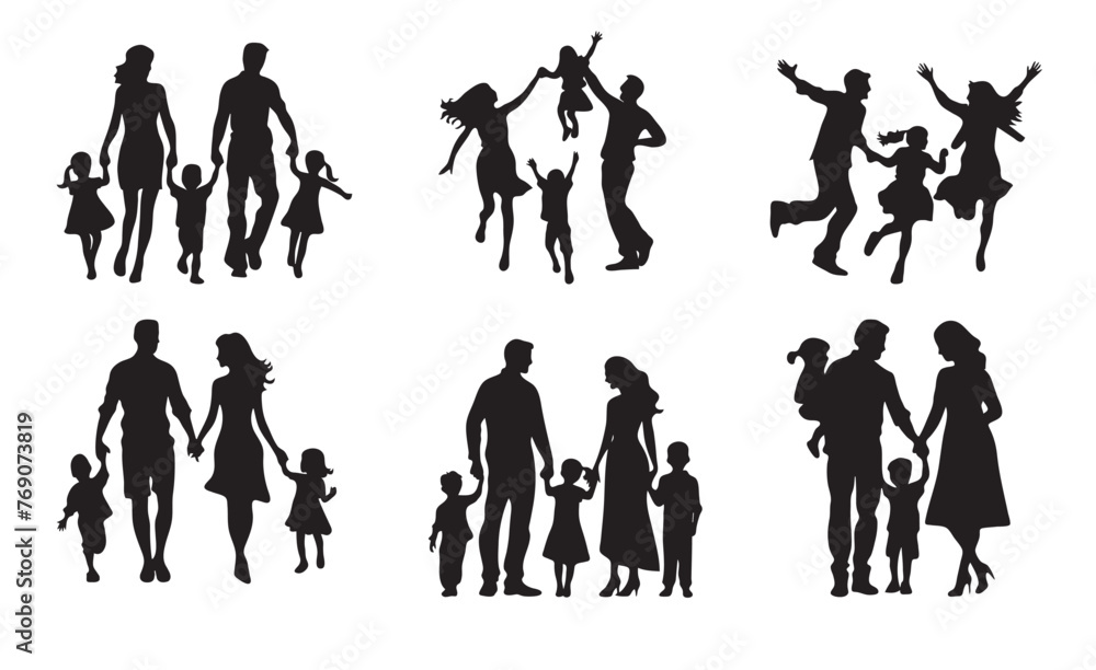 Set of happy family with kids silhouette
