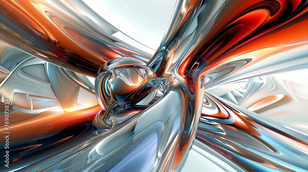 3D rendering of a futuristic, abstract structure with a glowing sphere in the center.
