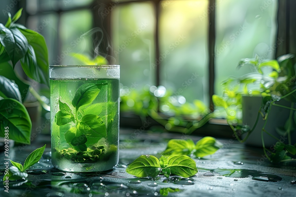 green tea on the kitchen counter with leaves, in the style of contemporary glass. Generative AI green tea on the kitchen counter with leaves, in the style of contemporary glass. Generative AI