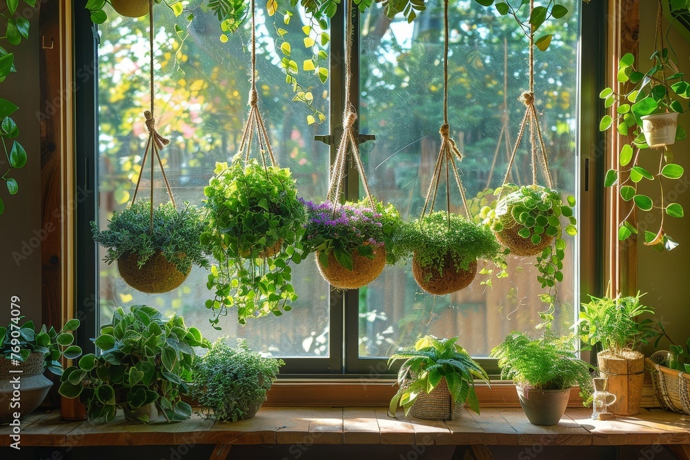 Lush potted plants fill a charming window sill, basking in the sunlight pouring through the glass pane