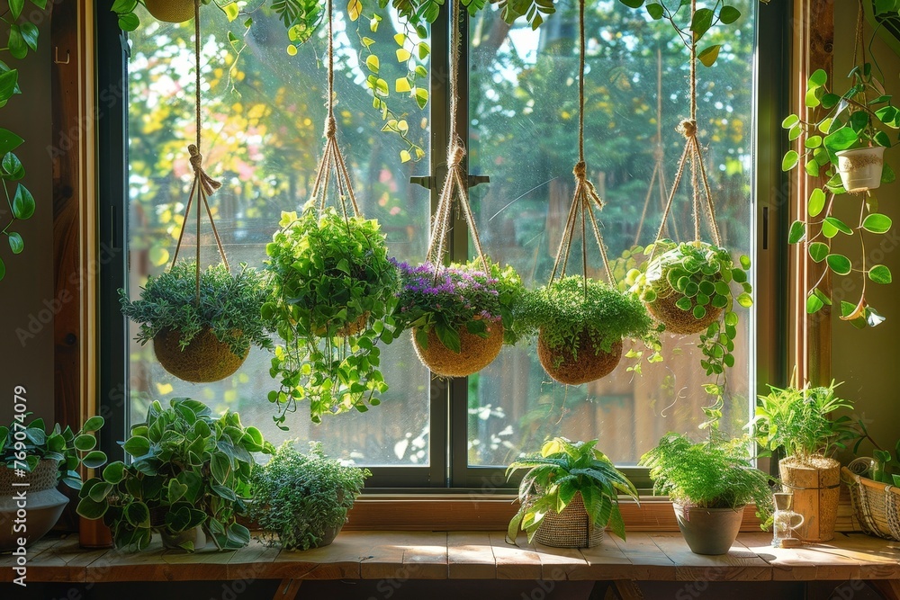 Lush potted plants fill a charming window sill, basking in the sunlight pouring through the glass pane Lush potted plants fill a charming window sill, basking in the sunlight pouring through the glass pane