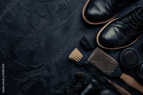 black leather shoes and accessories for shoe care, copy space over black background