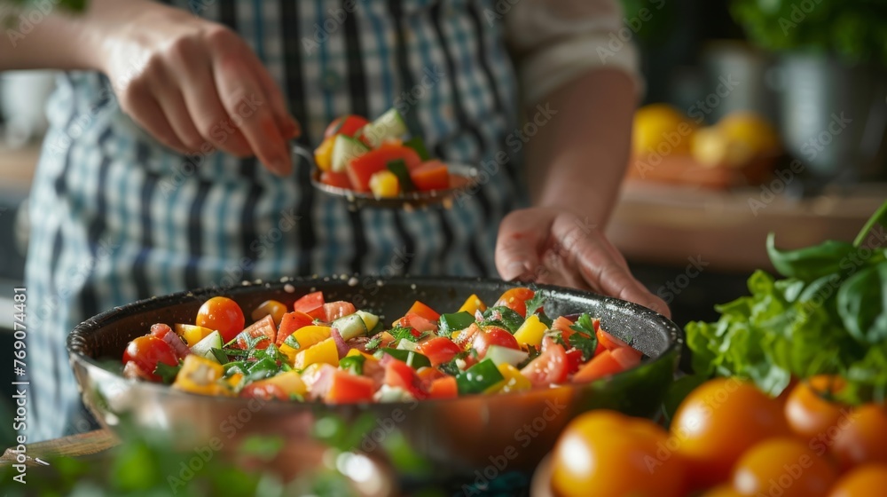 A woman's hand skillfully prepares a fresh, healthy salad in the home kitchen, using a variety of colorful vegetables.