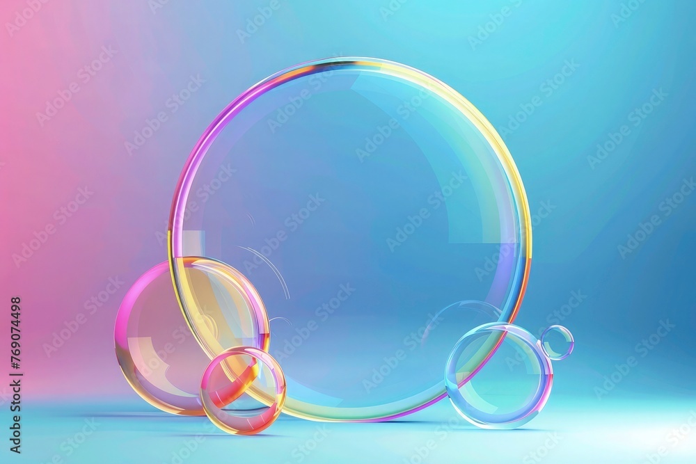 Gradient glassmorphism Colorful background with a transparent circle in the center, simple design, simple lines, flat colors, colorful bubbles, in the style of cartoon animation, circular shape, - obrazy, fototapety, plakaty 