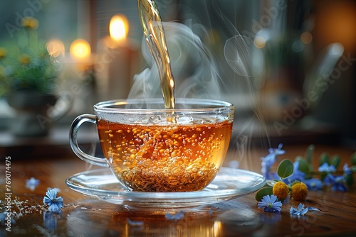 hot tea being poured into a glass cup, in the style of selective focus, large canvas format, natural. Generative AI