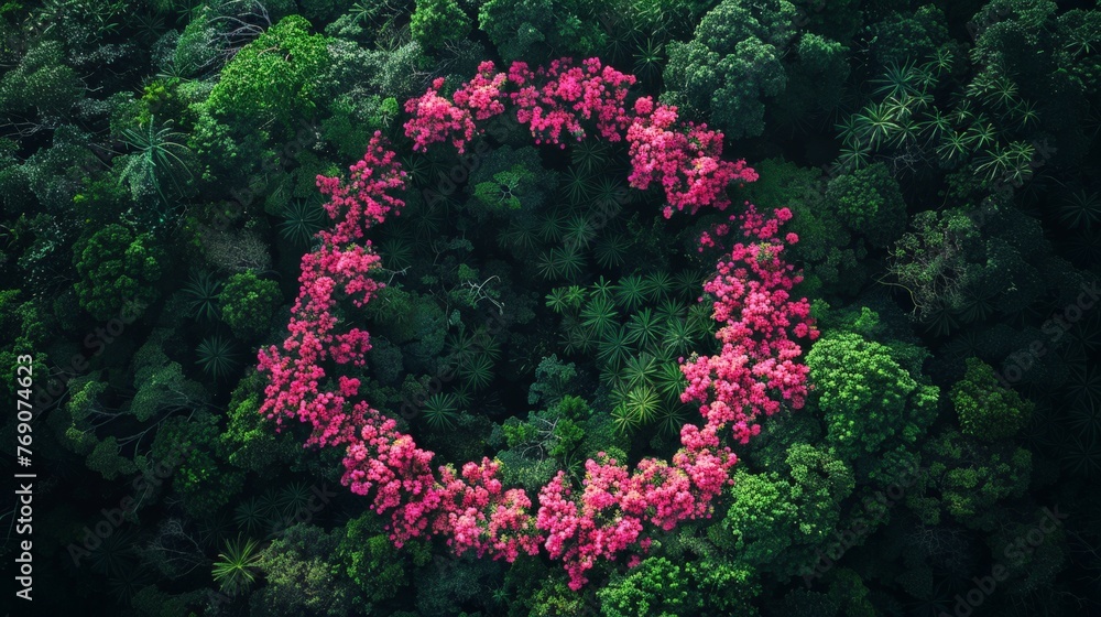 A circle of vibrant pink flowers blooms in the heart of a lush forest, creating a magical and whimsical sight that brings natures beauty to life A circle of vibrant pink flowers blooms in the heart of a lush forest, creating a magical and whimsical sight that brings natures beauty to life