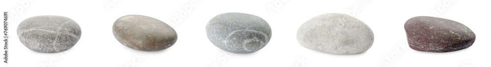 Sea pebbles. Different stones isolated on white, set Sea pebbles. Different stones isolated on white, set