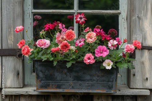 A vibrant window box bursting with pink and red flowers, showcasing natures beauty in full bloom © Exclusive 