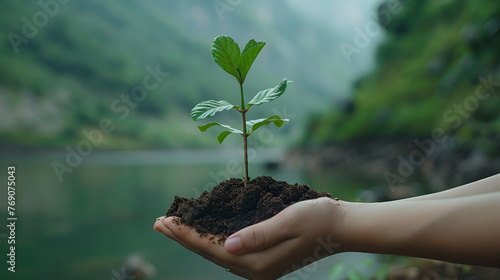 hand holding young tree for planting. concept eco, Nurturing the Future: Hands Holding and Caring for a Green Young Plant, Eco earth day concept. Generative Ai