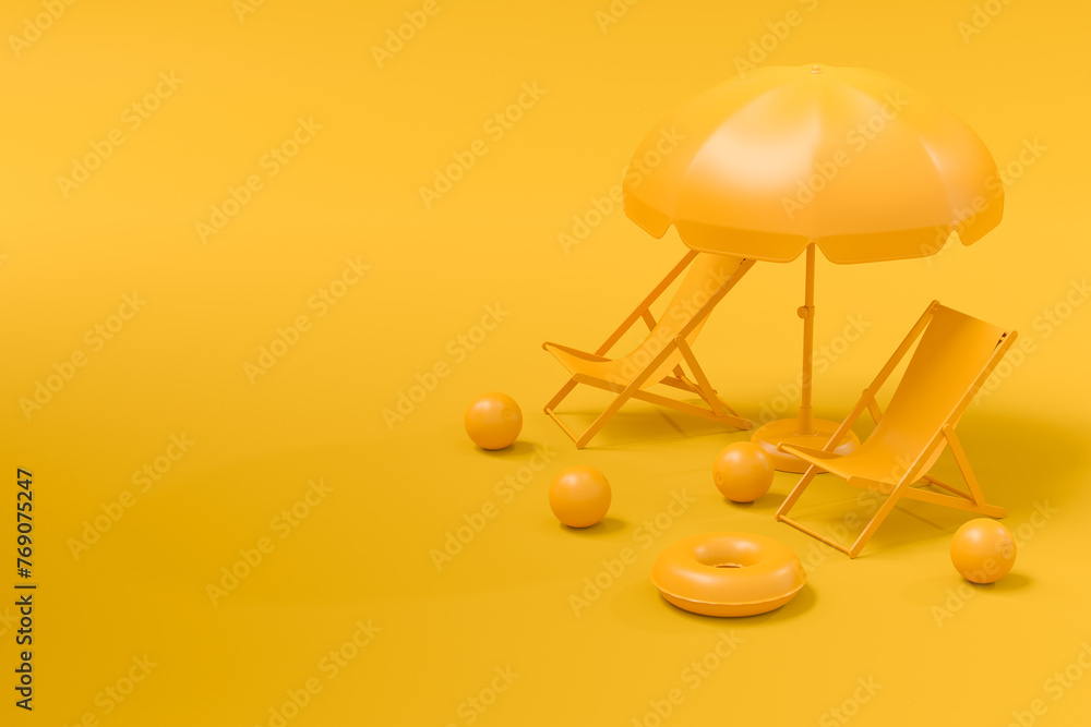 Fototapeta premium Colorful beach rings, chair, umbrellas and luggage on monochrome background.