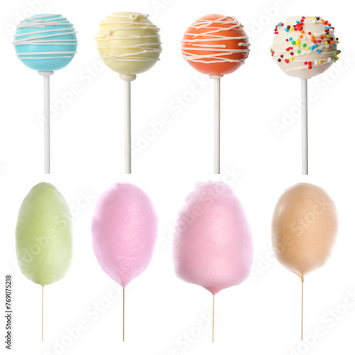 Tasty cake pops and cotton candies isolated on white, set