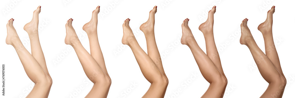 Woman with beautiful legs on white background, closeup. Collage of photos showing stages of suntanning Woman with beautiful legs on white background, closeup. Collage of photos showing stages of suntanning