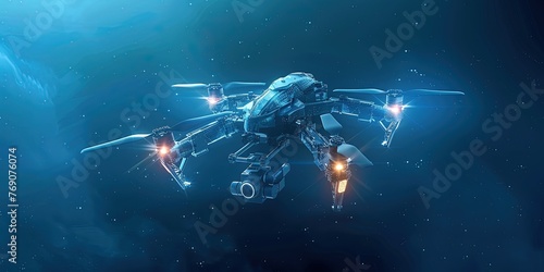 An abstract drone isolated on blue background. Military technology, aerial monitoring, futuristic videography, security innovations