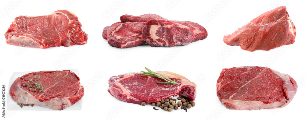 Pieces of fresh beef meat isolated on white, set Pieces of fresh beef meat isolated on white, set