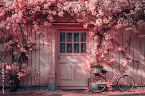 A vibrant pink bicycle is parked gracefully in front of a charming pink house, creating a whimsical and colorful scene photo