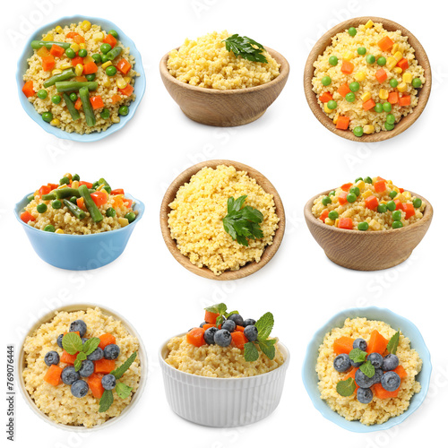 Set of tasty millet porridge in bowls isolated on white, top and side views