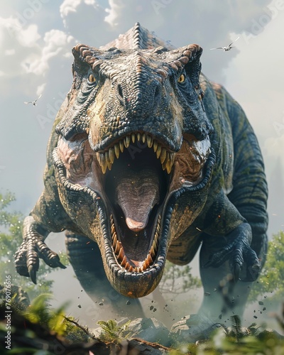 mighty tyrannosaurus to life with a dynamic panoramic view Show the creature in its full glory, dominating the frame with intricate details and fierce expressions © Pornarun