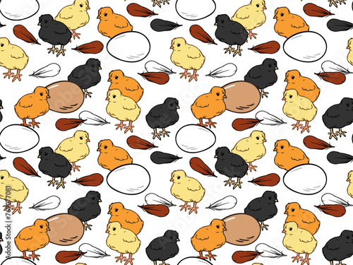 Different Chicks seamless pattern.  Easter, agroculture, organic farming background for poster, flyer, farm products package, wrapping paper, book design. poultry farming and egg production symbol.