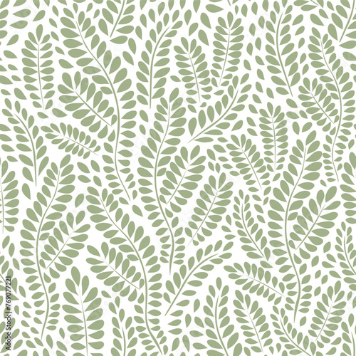 Vector illustration. Seamless floral pattern green leaves on a white background. Print for fabric, textile, wallpaper, clothing, cover, wrapping paper.