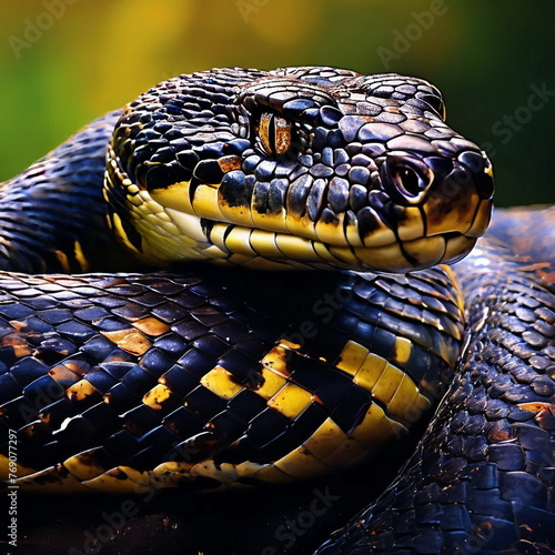 The giant anaconda snake is green in color. A dangerous snake is a predator found in the rainforests of South America.
