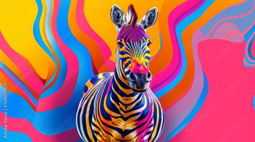 A zebra with a rainbow stripe pattern on its body. The zebra is standing in front of a colorful background A zebra with a rainbow stripe pattern on its body. The zebra is standing in front of a colorful background
