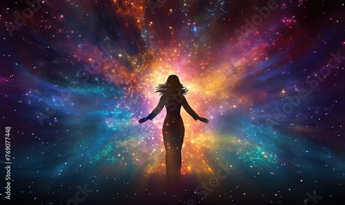 Black silhouette of a girl against a background of galaxies, bright multicolored divots photo