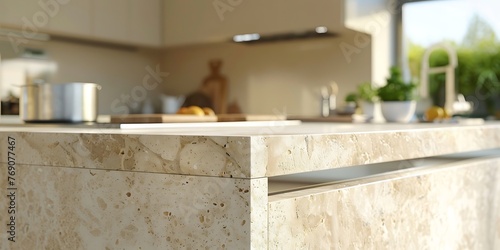 an AI image featuring a beige kitchen with a captivating macro shot of the kitchen island, focusing on the fine details of its structure