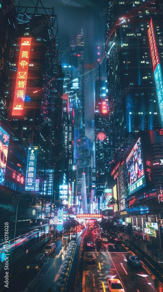 The pulse of a futuristic city at night, bathed in neon pinks and blues, with busy streets lined by towering skyscrapers and glowing billboards..