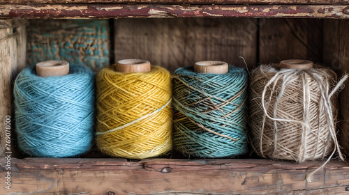 Colorful skeins of thread on a wooden shelf in a shop photo