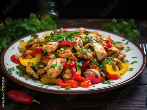 From above, a delicious and healthy bell pepper salad with tender chicken takes center stage. Vibrant colors of red, yellow, and green peppers mingle with juicy chicken pieces. 