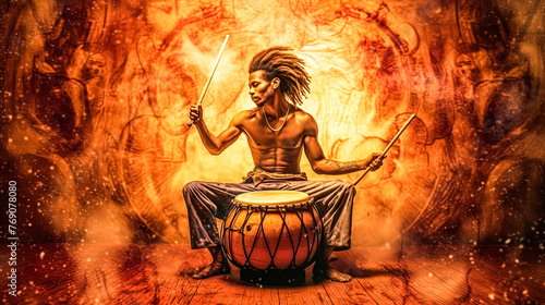 A man is sitting on a drum and playing it