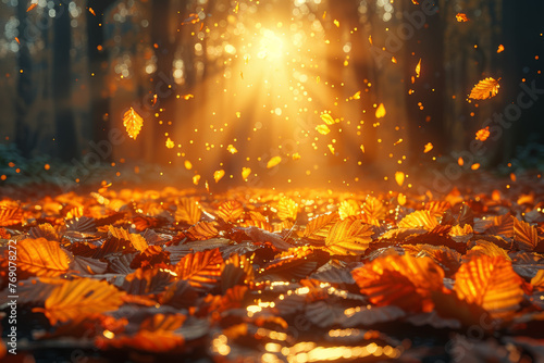 The golden hue of autumnal foliage, carpeting the forest floor with a tapestry of warmth and nostalgia. Concept of seasonal transformation. Generative Ai.