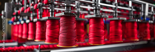 Modern Textile Manufacture, Colorful Spools on Industrial Machine, Fashion and Fabric Production
