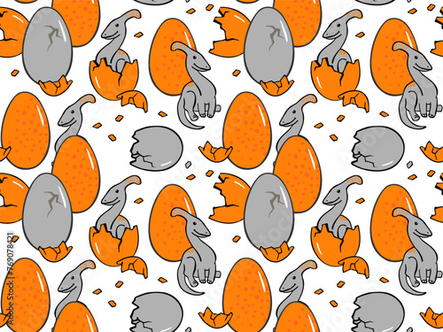 small hatched dinosaur, eggs seamless pattern. baby cartoon parasaurolophus isolated on white for children's illustrations, print on textile, wallpaper in children's room,  wrapping paper, package