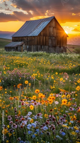 The rustic charm of a weathered barn is highlighted by the last rays of the sun, with a foreground of vibrant wildflowers adding color to the scene..