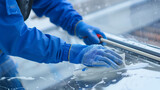 Worker cleaning window pane with squeegee, closeup of hands