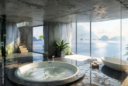 bathroom interior with jacuzzi and beautiful sea view