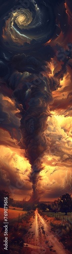 the mysterious Twilight Tornado from a rear view, ominous hues painting an impending storm.