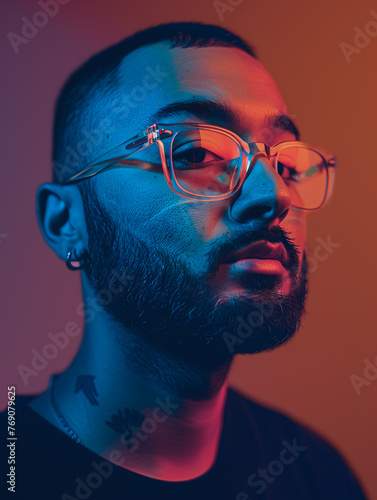 Fashionable Bearded Man with Stylish Glasses in Neon Light