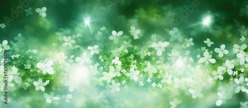 Green and white background featuring numerous small flowers in a detailed close-up view