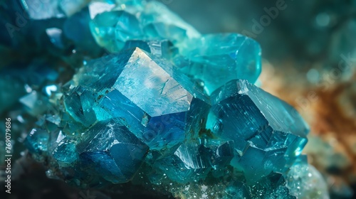 Blue and green rough gemstone crystals. Shiny and sparkling surface of natural mineral. Macro photography of quartz.