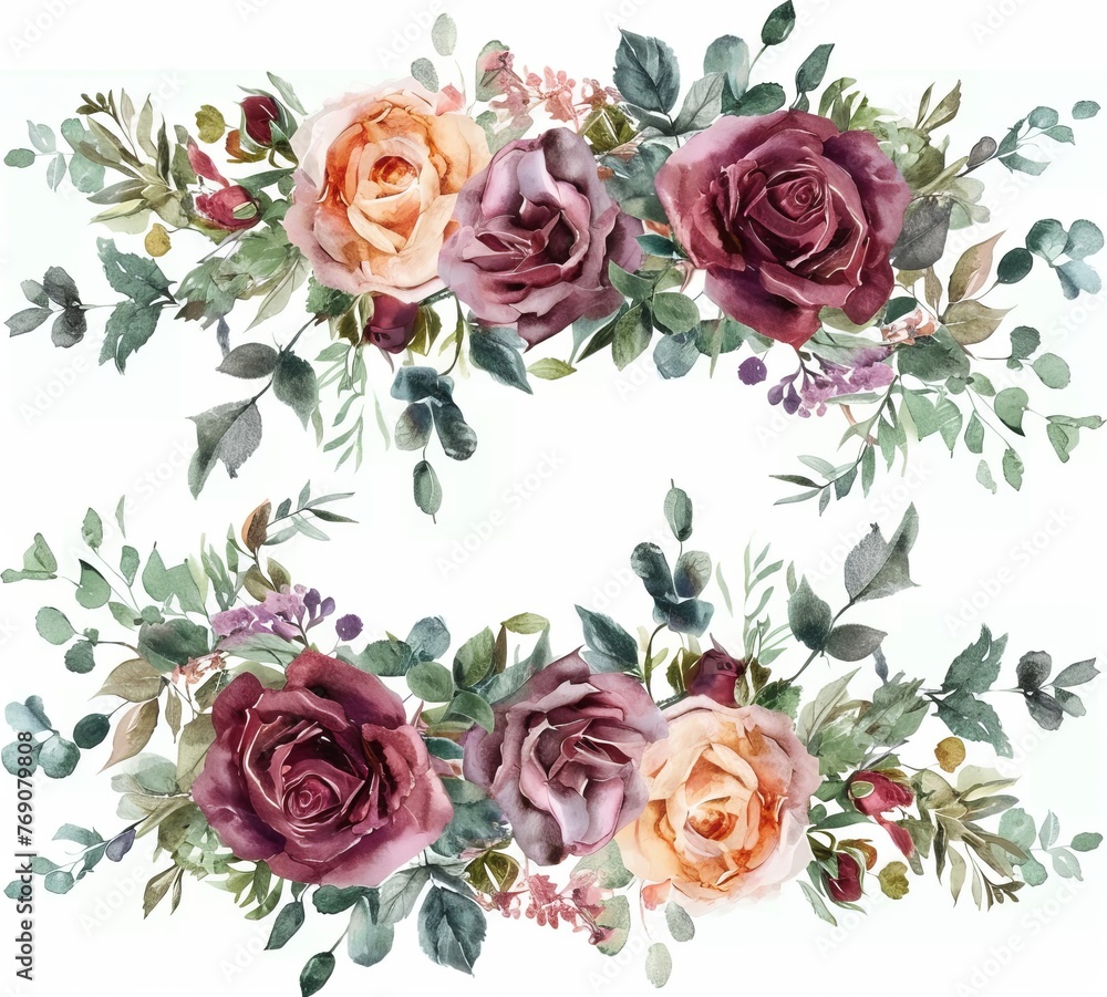 Watercolor Floral Garland Featuring Burgundy and Pink Roses, Greenery in Neutral Tones, Clipart Style, Isolated on White Background with Margins.