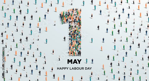Happy labour day concept poster. Large group of people form to create number 1 as labor day is celebrated on 1st of may. Vector illustration.
 photo