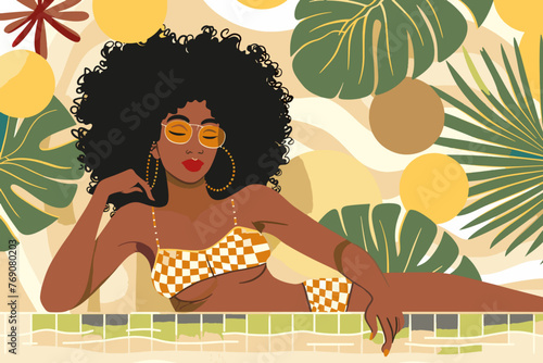 Fashionable woman in a sunhat lounging by the pool, embodying summer luxury.