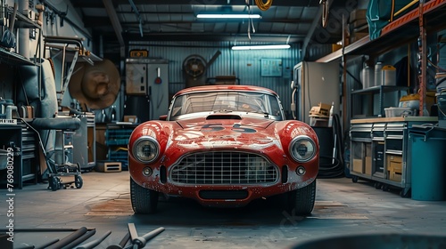 A red vintage sports car is parked in a garage. The car is dusty and has a number 35 on the hood. © Nijat