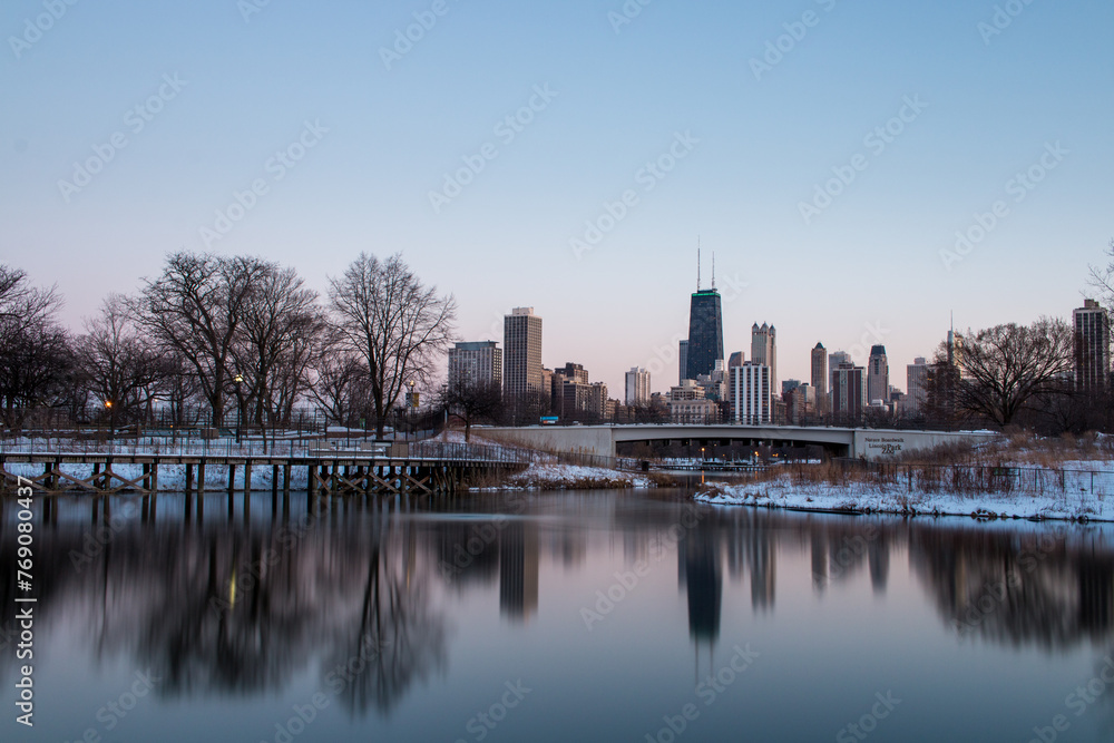 Downtown skyline and South Pond at Lincoln Park.