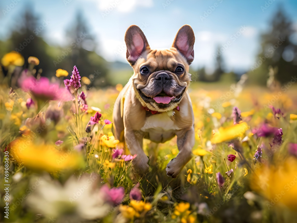A playful French Bulldog romping through a sunlit meadow, vibrant wildflowers in bloom