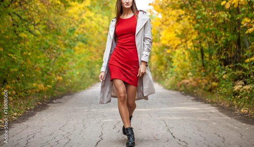 Fototapeta Naklejka Na Ścianę i Meble -  Fashion portrait of a young beautiful woman in red dress