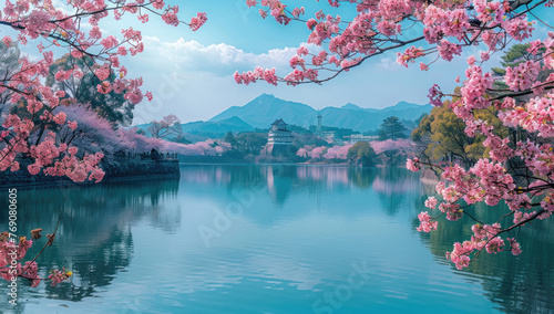 Japanse Castle, surrounded by cherry blossom. Sakura blossom